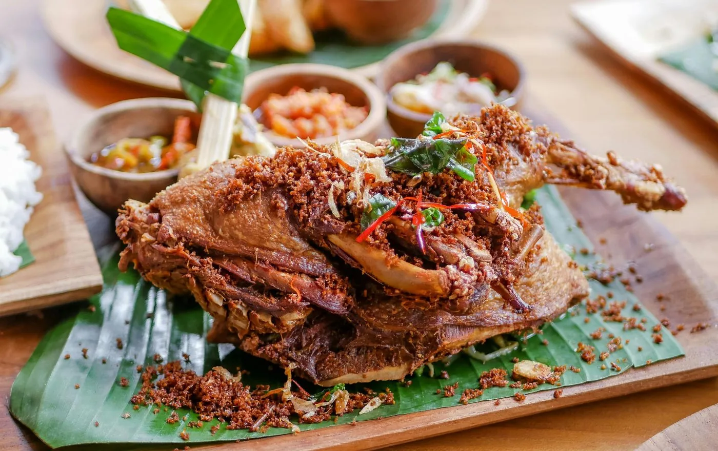 Bebek Goreng crispy fried duck Balinese style served with rice and sambal