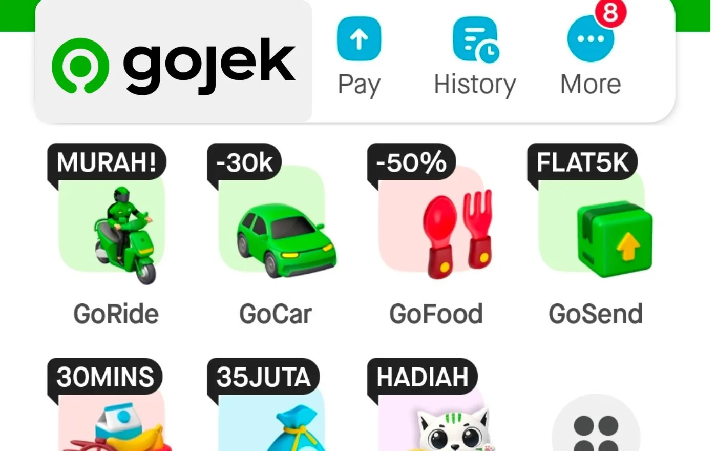 Gojek ride-hailing app interface showing GoRide GoCar and GoFood services in Bali Indonesia
