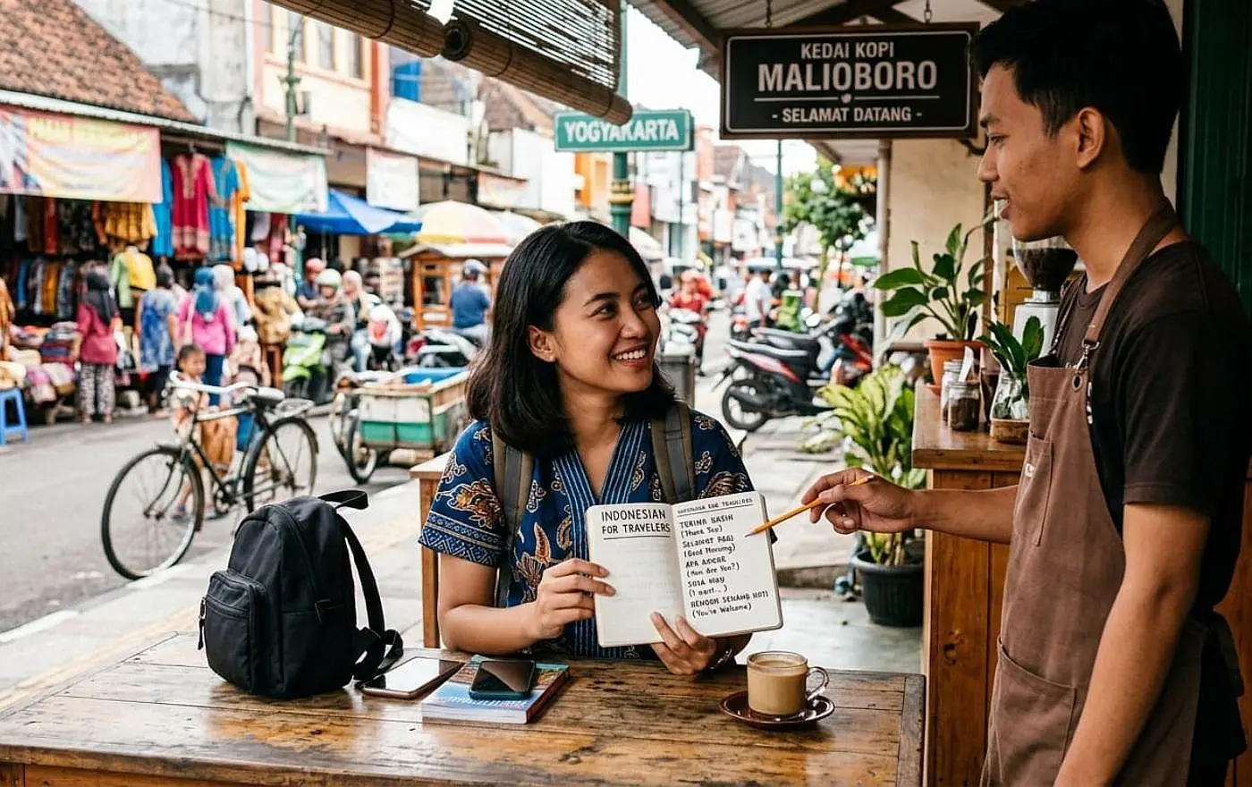 Traveler learning Indonesian phrases from a phrasebook at a local coffee shop in Bali