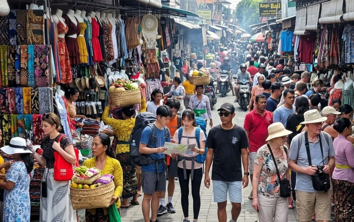 Busy local market with vendors selling goods in Bali Indonesia
