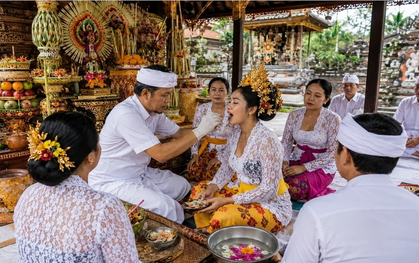 Traditional Balinese metatah tooth filing ceremony, a sacred coming of age ritual in Bali