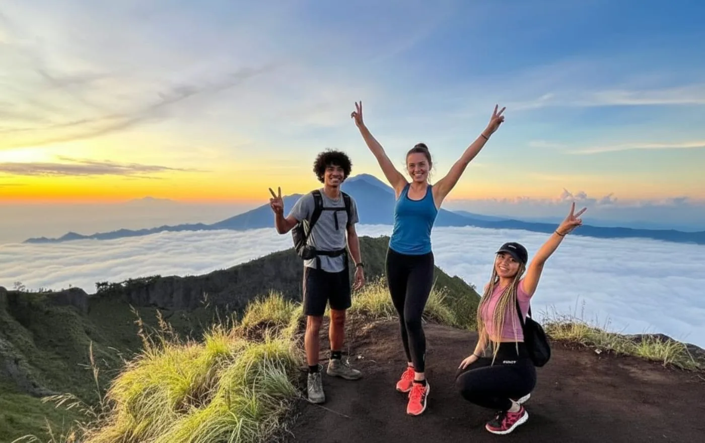 Sunrise hike at Mount Batur volcano in Bali with panoramic views