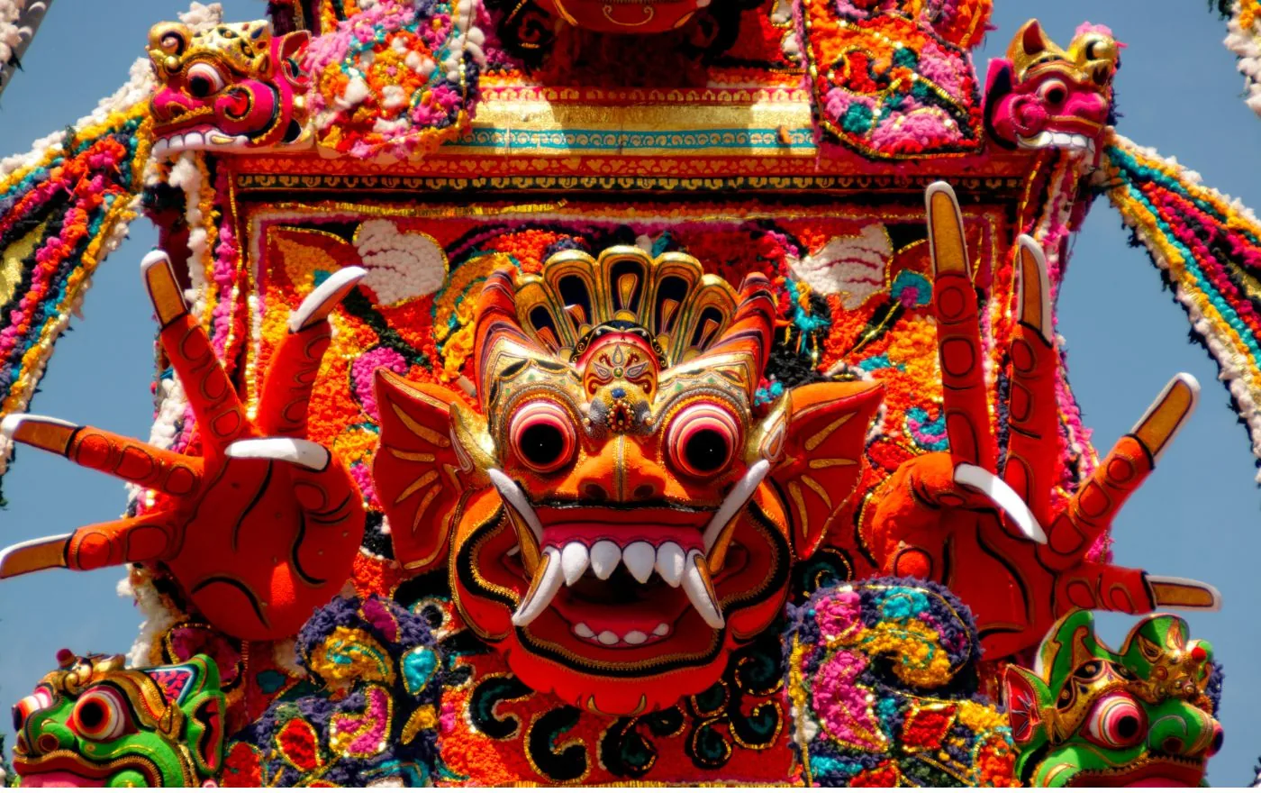 Ngaben cremation ceremony in Ubud Bali with colorful decorations and traditional Balinese rituals