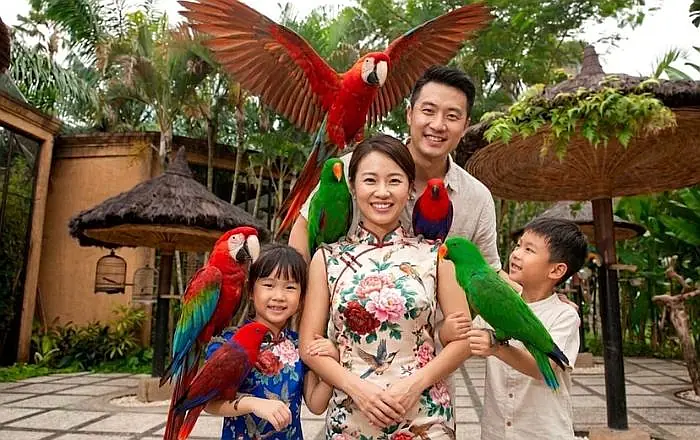 Kids with colorful tropical birds at Bali Bird Park, a top family attraction