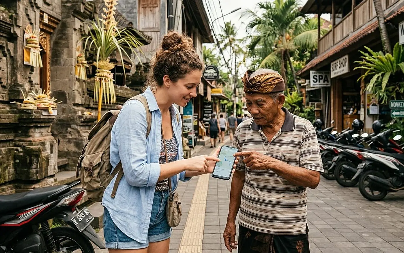 Traveler asking directions from a Balinese local on a street in Ubud