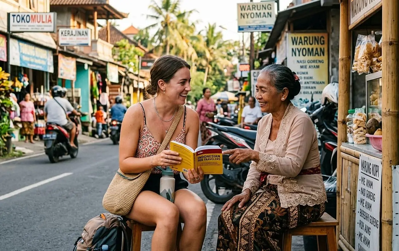Traveler sharing an Indonesian phrasebook with a Balinese woman at a local warung
