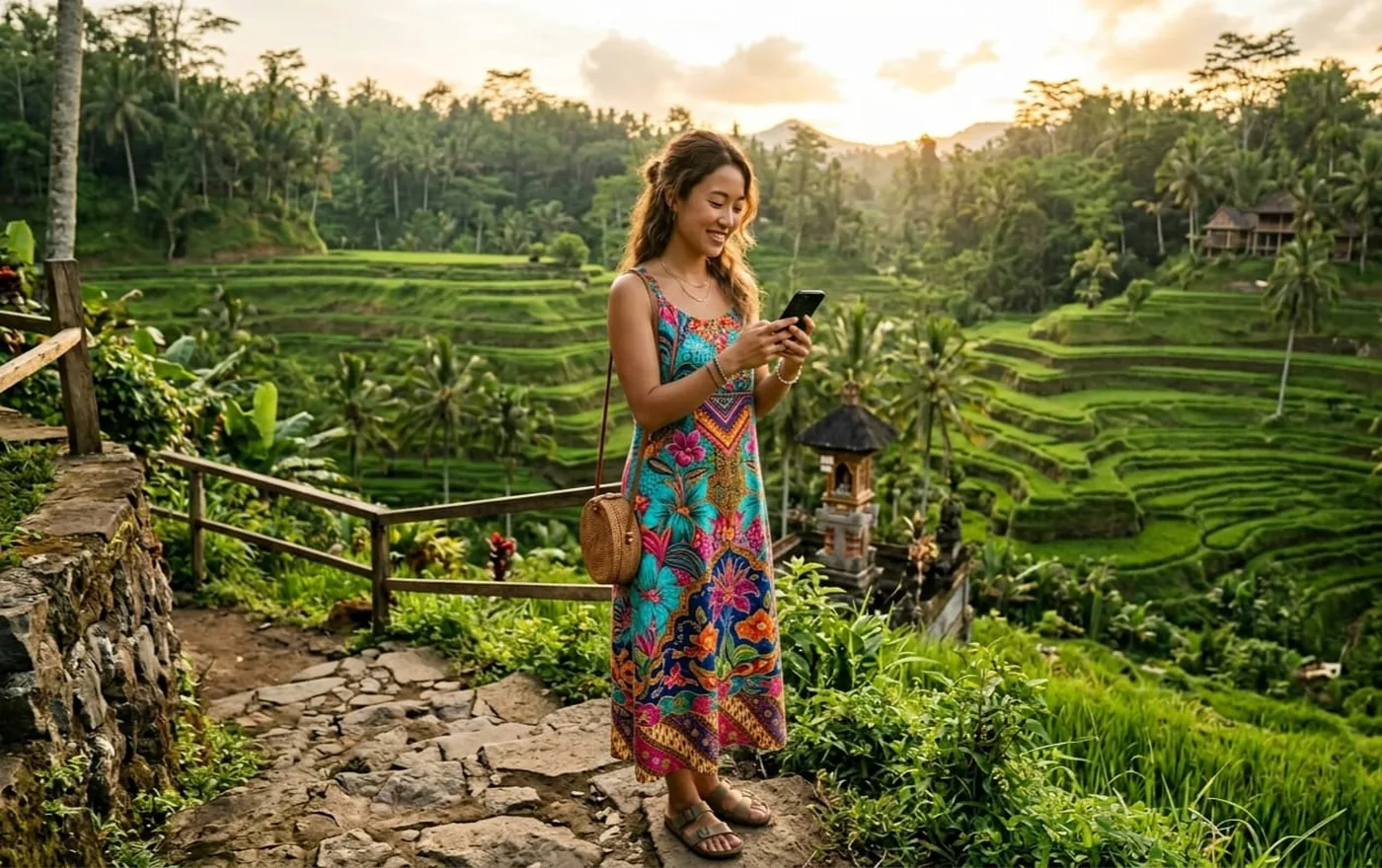 Traveler using mobile phone while walking through rice fields in Bali